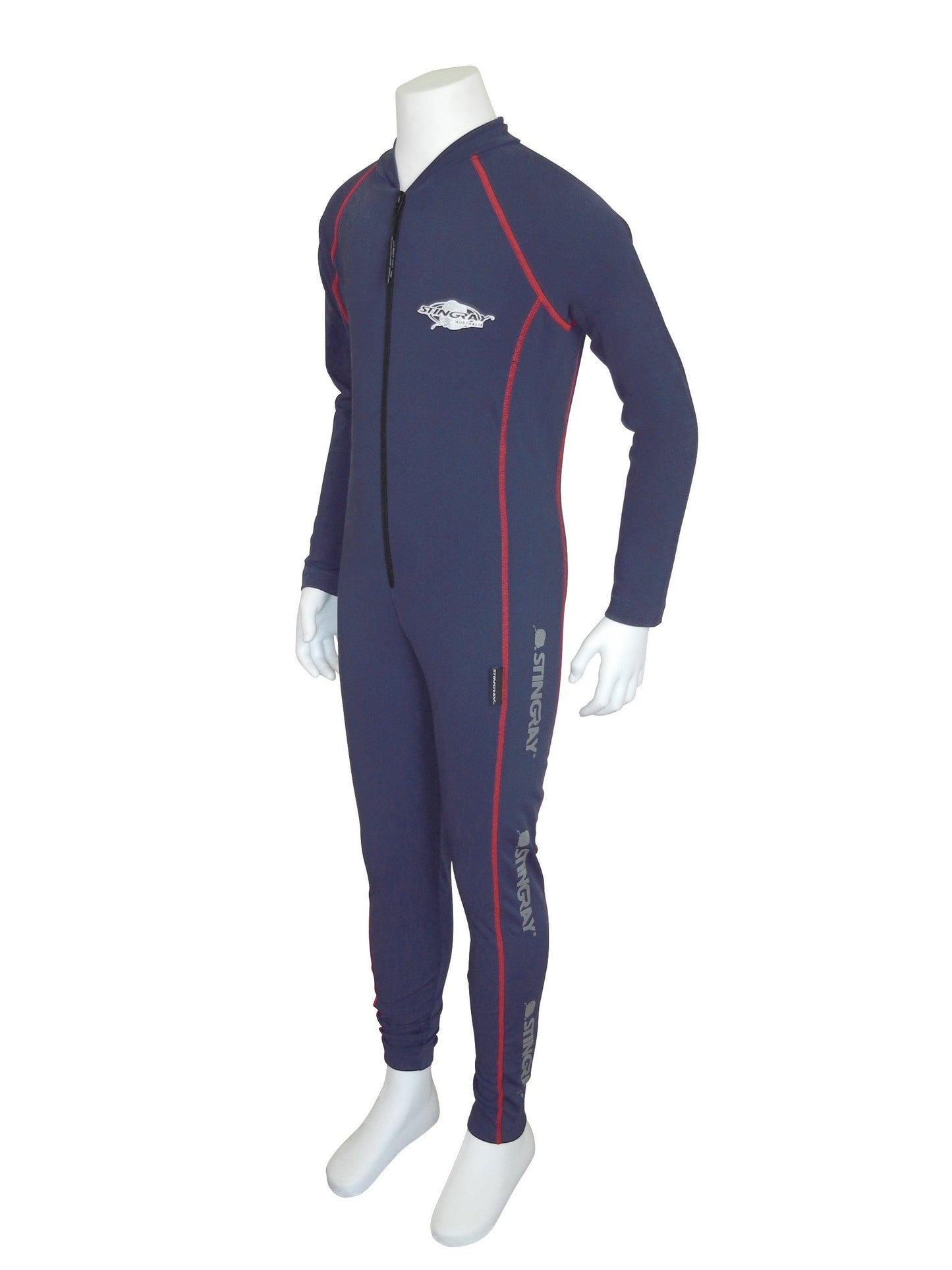 Navy with red stitching Stingray Kids' Full-Body Stinger Sunsuit - Sport Style, offering UPF 50+ sun protection and sleek design for swimming and outdoor activities.