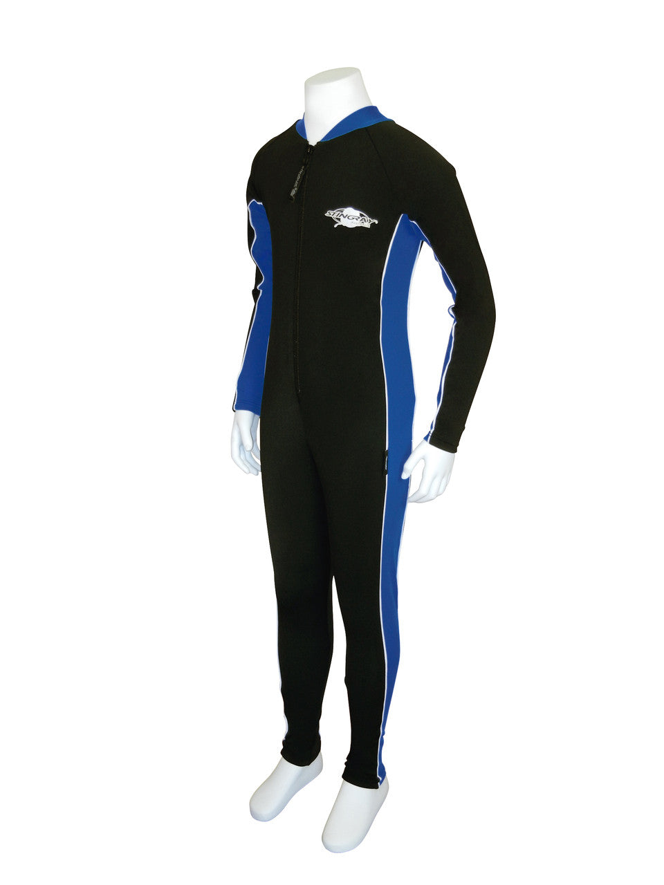 Black and royal blue Stingray Kids' Full-Body Stinger Sunsuit, designed for UPF 50+ sun protection and comfort during outdoor and water activities.