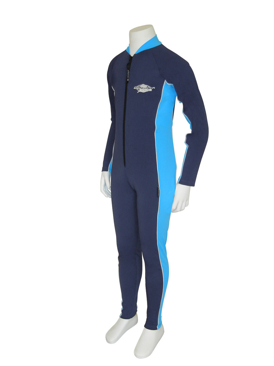 Navy and azure Stingray Kids' Full-Body Stinger Sunsuit, designed for UPF 50+ sun protection and comfort during outdoor and water activities.