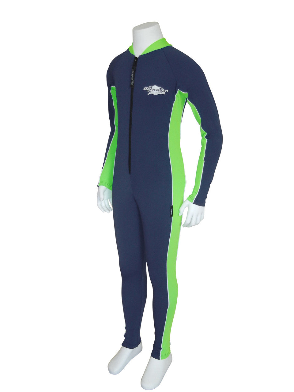 Navy and lime Stingray Kids' Full-Body Stinger Sunsuit, designed for UPF 50+ sun protection and comfort during outdoor and water activities.