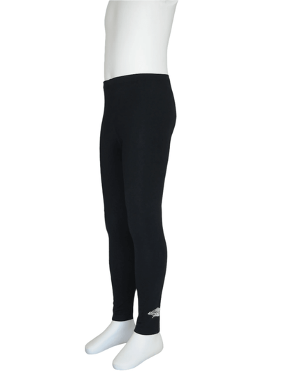 Black Stingray Kids' Swim Leggings UPF 50+, showcasing their soft, chlorine-resistant fabric and superior sun protection.