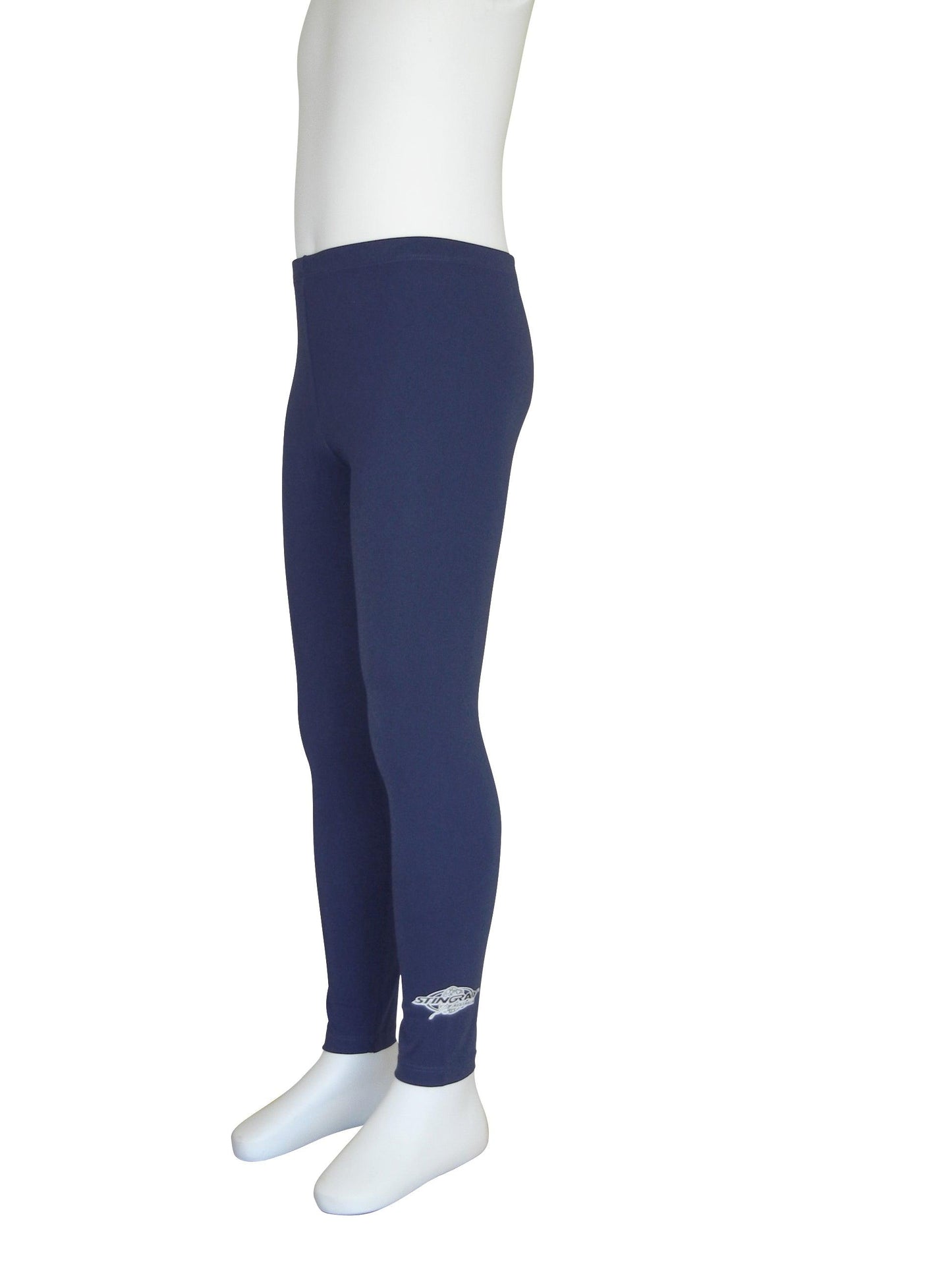 Navy Stingray Toddler Kids' Swim Leggings UPF 50+, showcasing their soft, chlorine-resistant fabric and superior sun protection.