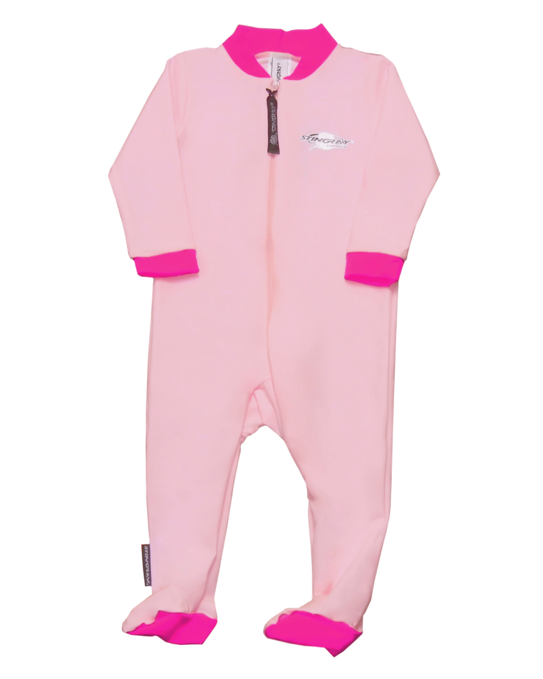Flat lay of a pink baby UV protection one-piece suit with pink cuffs and feet on a white background