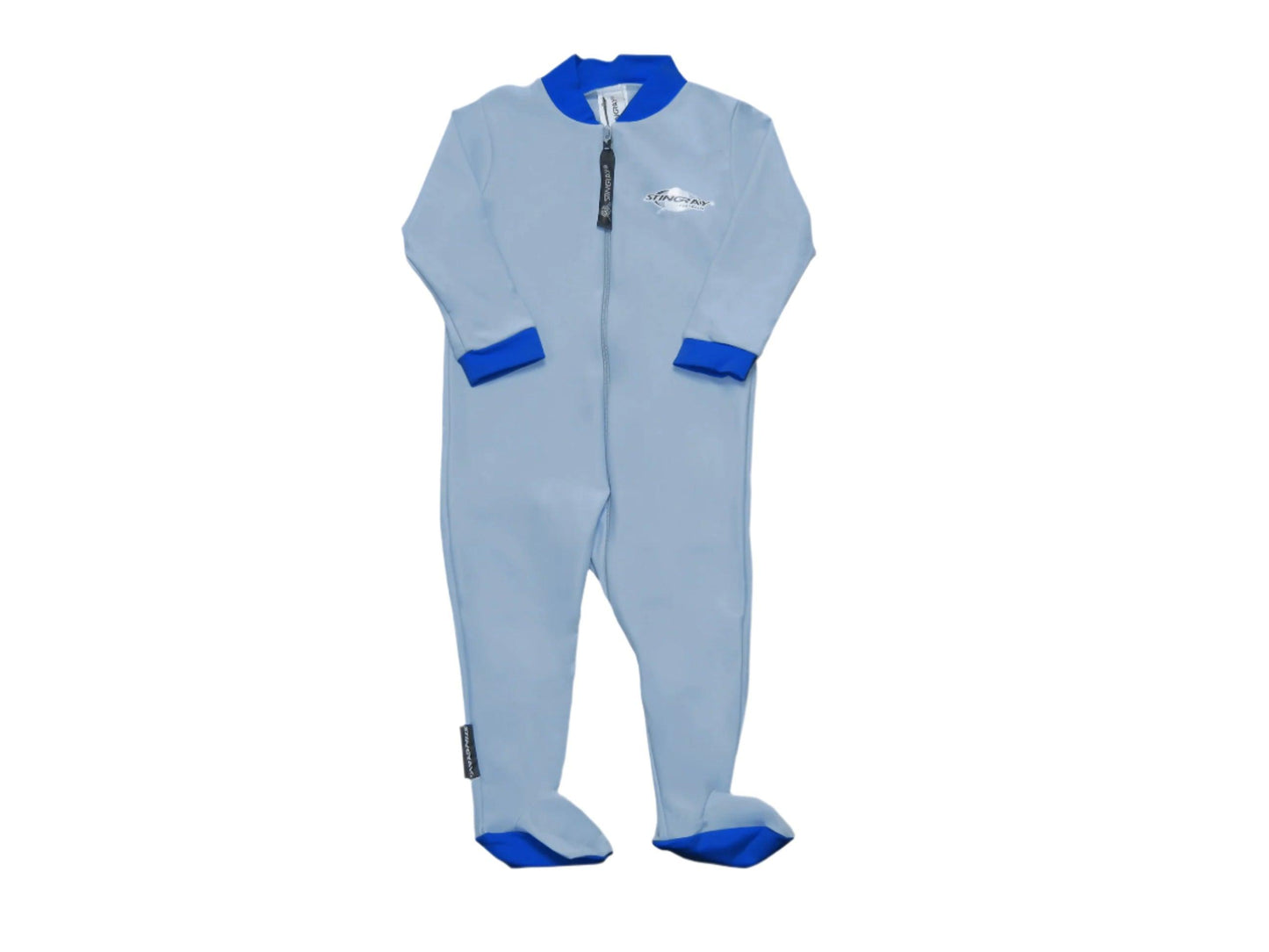 Best blue Stingray Baby Full-Body Stinger Sunsuit with UPF 50+ sun protection, covering arms, legs, and feet, made from chlorine-resistant fabric.