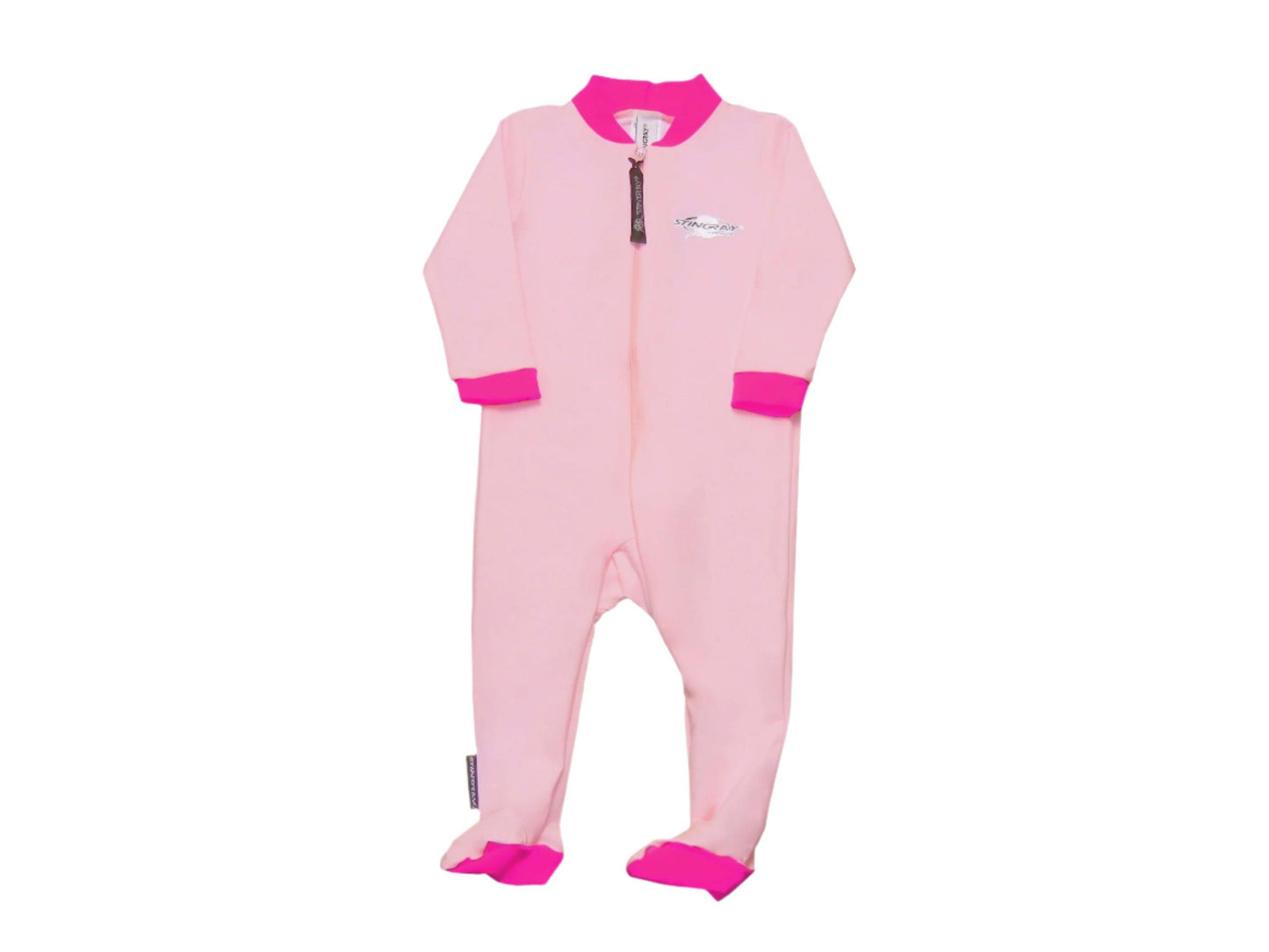 Best pink Stingray Baby Full-Body Stinger Sunsuit with UPF 50+ sun protection, covering arms, legs, and feet, made from chlorine-resistant fabric.