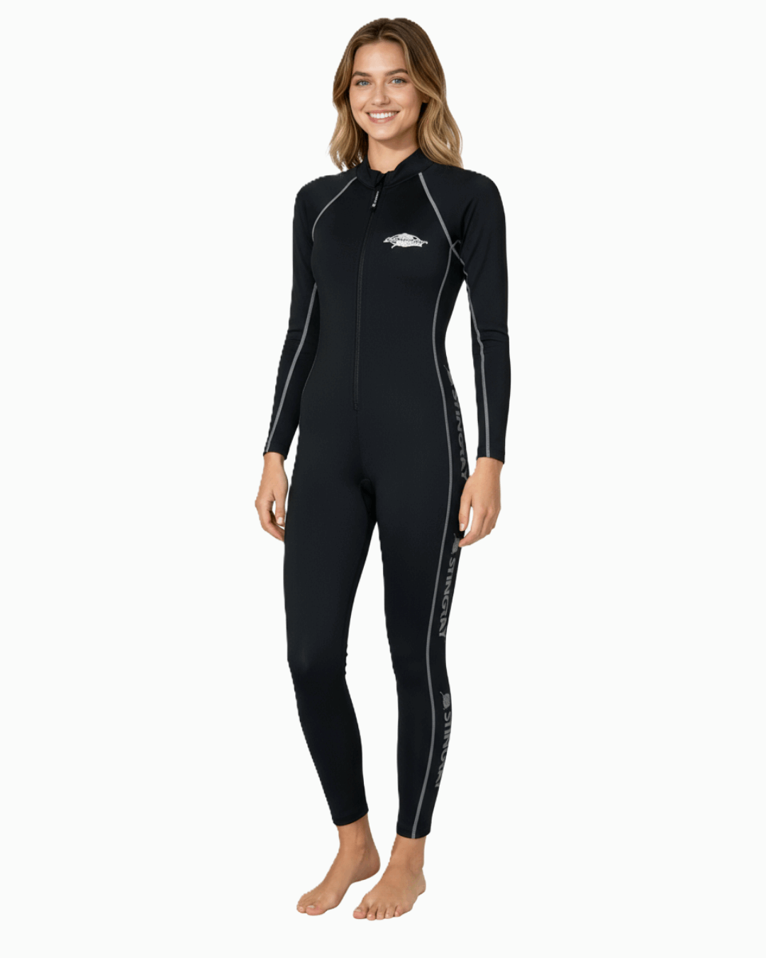 Woman wearing a black full-length UPF 50+ sunsuit on a white background