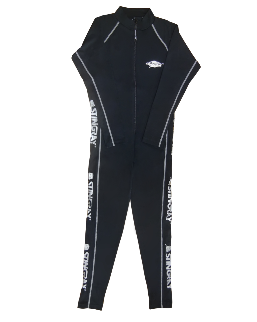 Black full body swimsuit with white branding on a white background