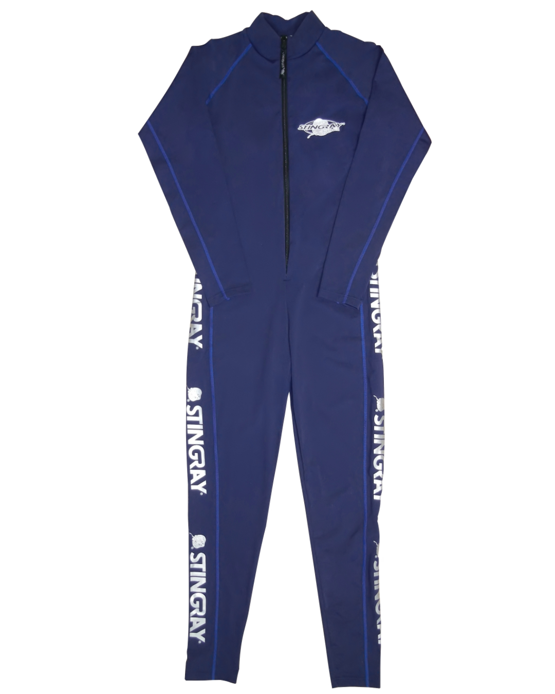 Blue UPF 50+ sunsuit with Stingray branding on a white background