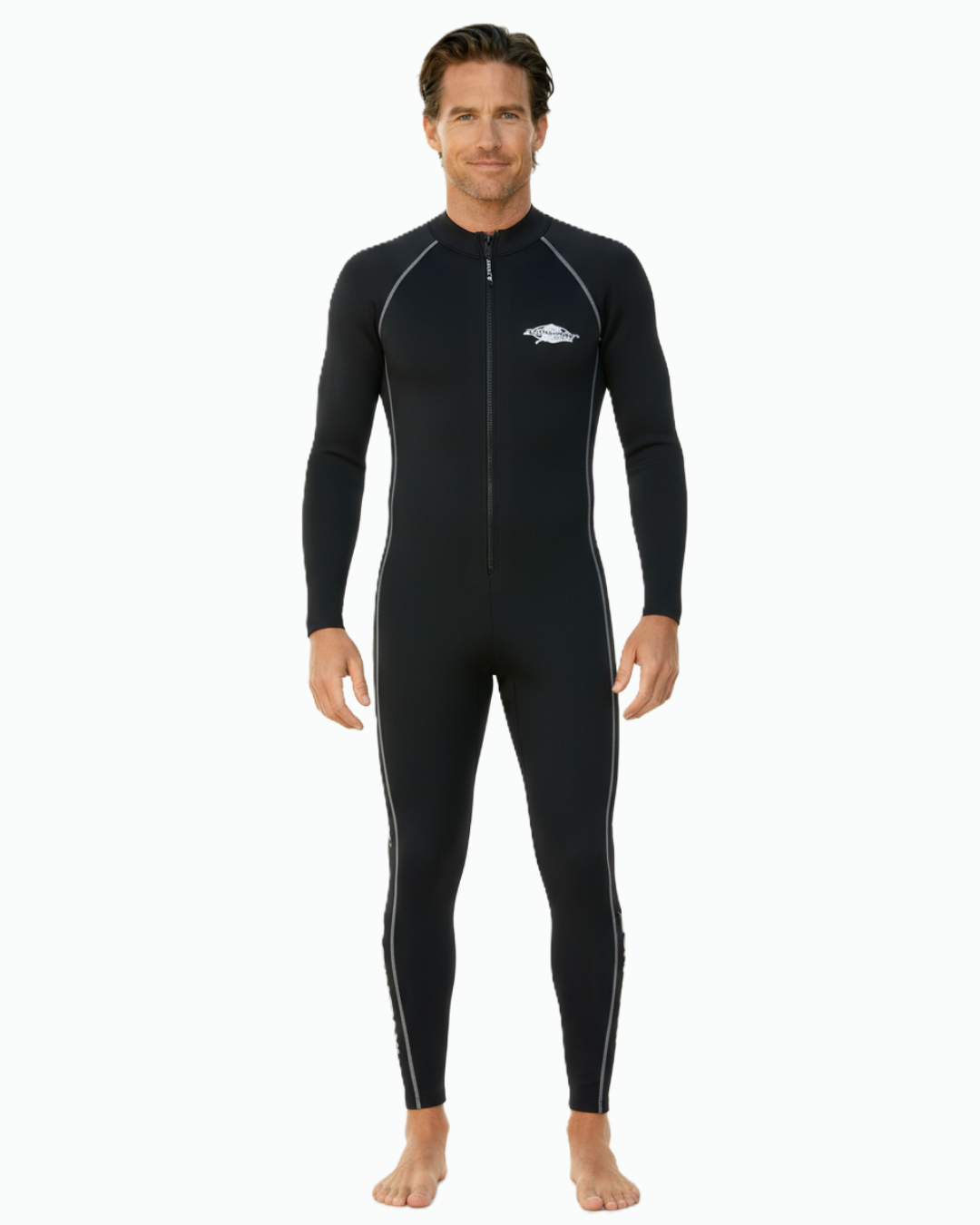 Man wearing a black full-body sun protective swimsuit on a white background