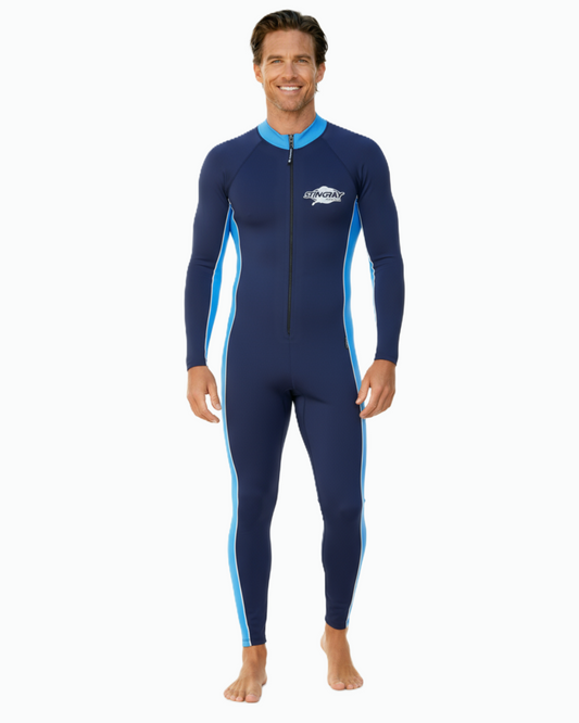 Man wearing a blue UPF 50+ sunsuit with a Stingray logo on a white background