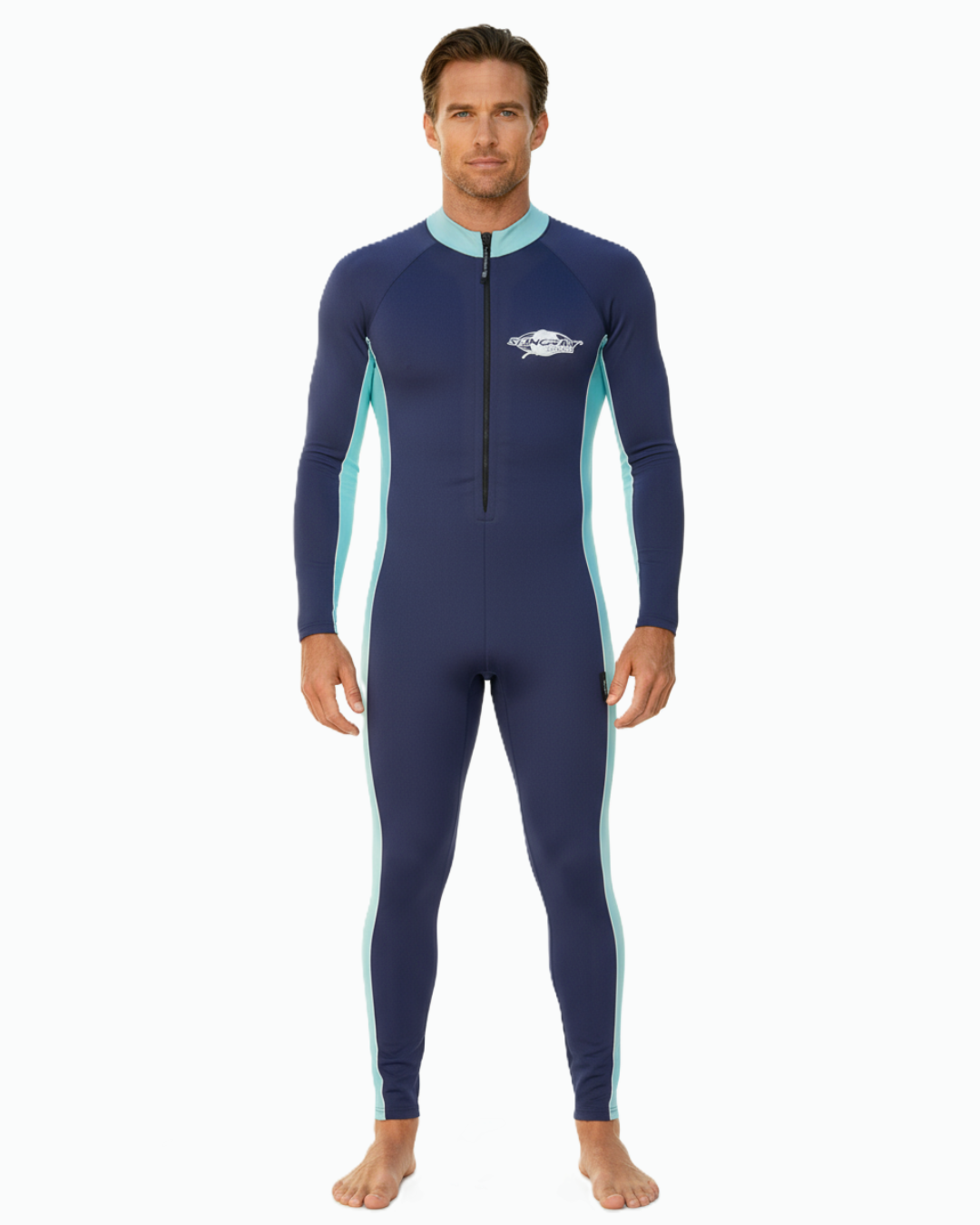 Man wearing a blue and teal full-body UPF 50+ swimsuit on a white background