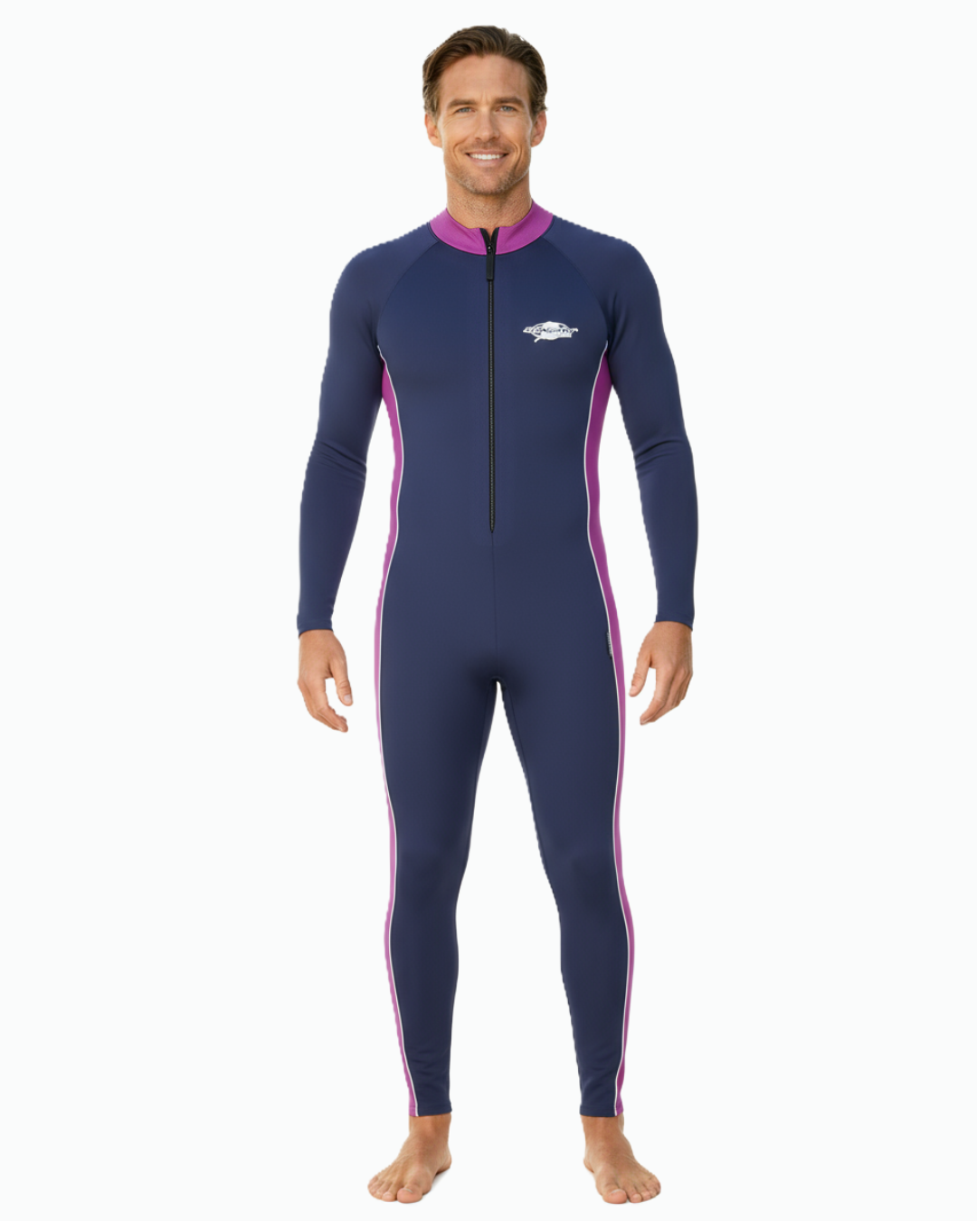 Man wearing a navy blue UPF 50+ sunsuit with pink accents on a white background