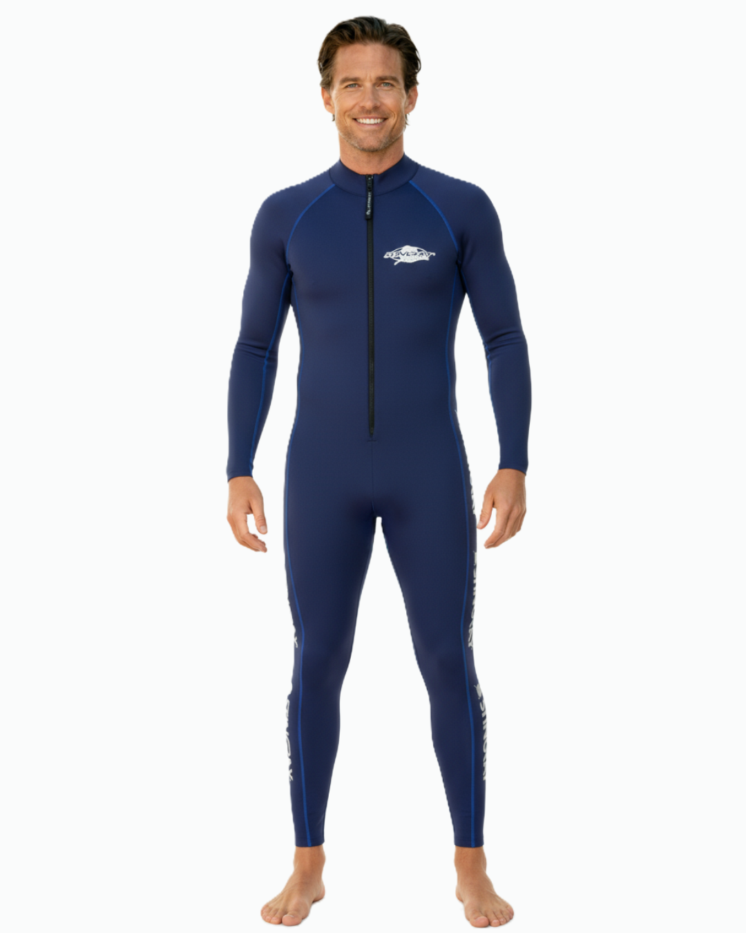 Man wearing a blue UPF 50+ sunsuit on a white background