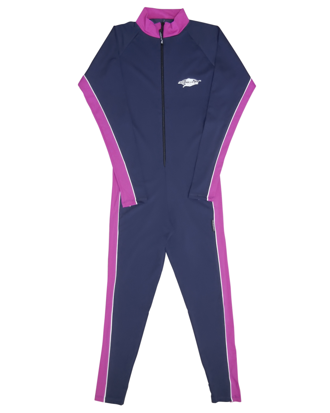 Navy and pink UPF 50+ sunsuit on a white background