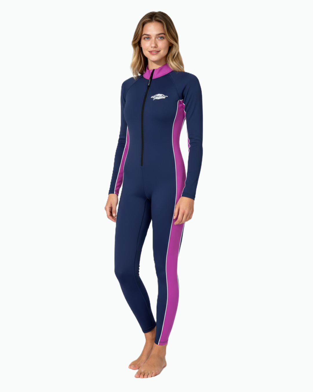 Woman wearing a navy and purple UPF 50+ sunsuit on a white background
