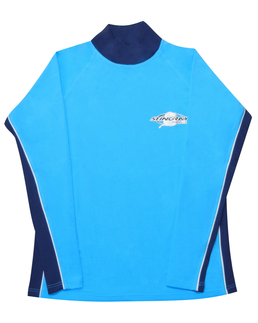 Stingray azure and navy unisex long sleeve rash shirt with UPF 50+ sun protection.