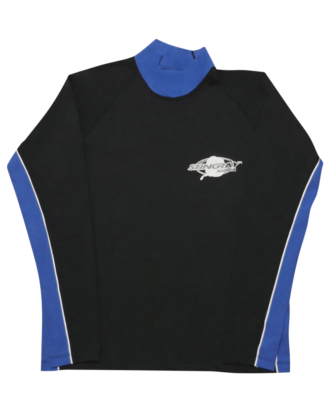 Stingray black and blue unisex long sleeve rash shirt with UPF 50+ sun protection.