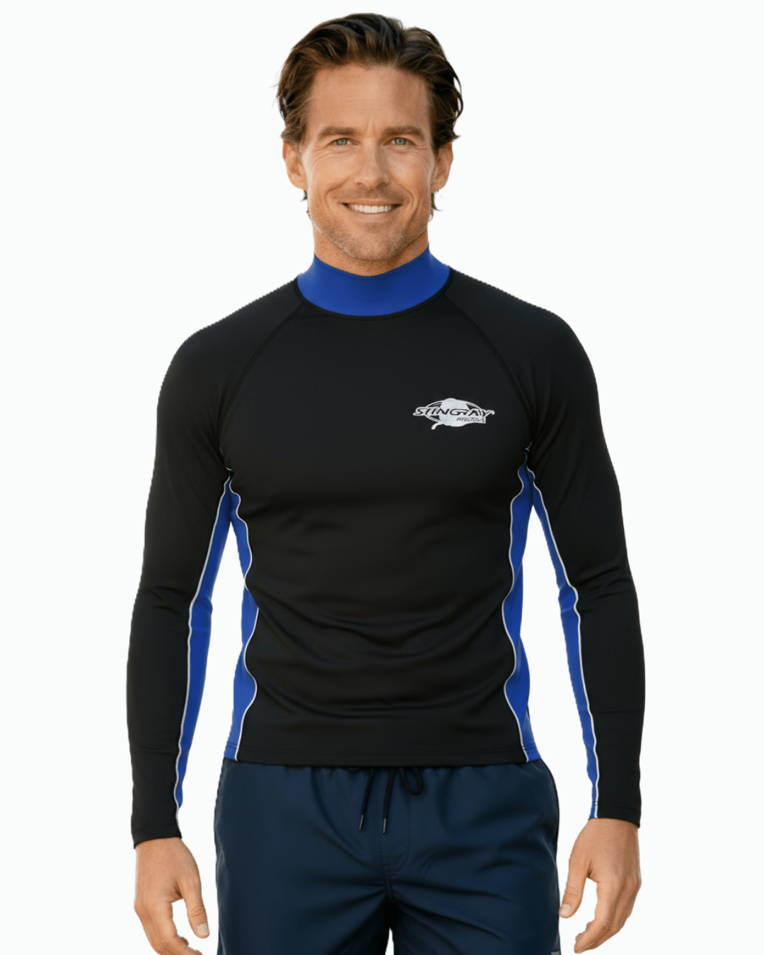 Man wearing Stingray black and blue unisex long sleeve rash shirt with UPF 50+ sun protection.