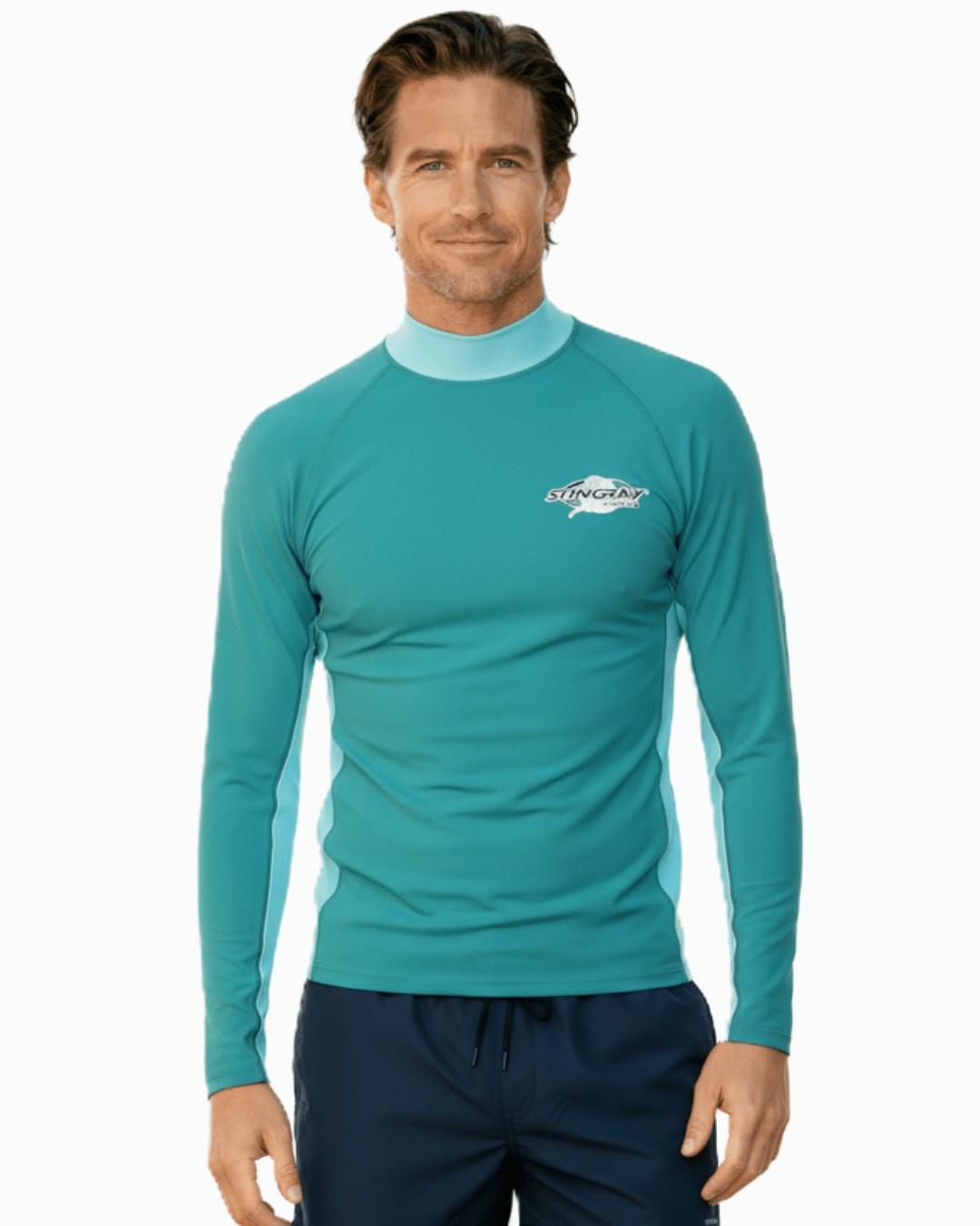 Man wearing Stingray topaz/teal unisex long sleeve rash shirt with UPF 50+ sun protection.
