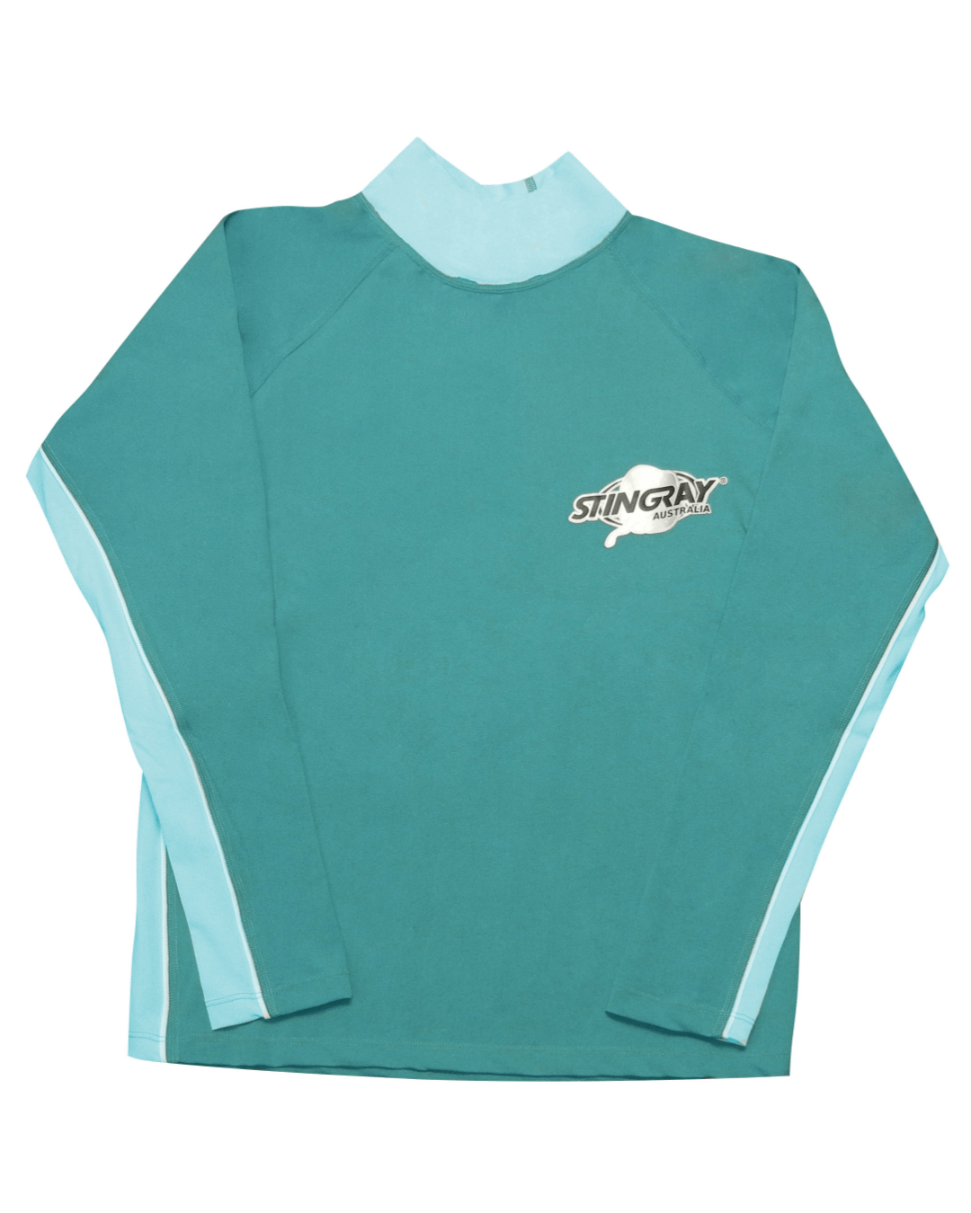 Stingray teal and aqua unisex long sleeve rash shirt with UPF 50+ sun protection.