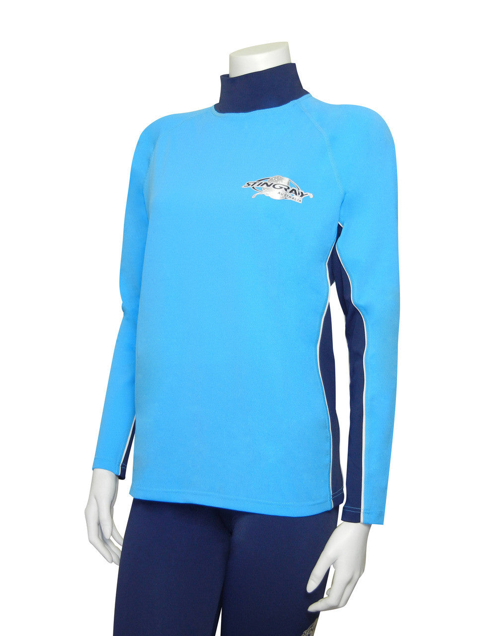 Stingray Azure Navy Long Sleeve Rash Shirt offering UPF 50+ sun protection, blocking over 97.5% of harmful UV rays, made from chlorine-resistant fabric.