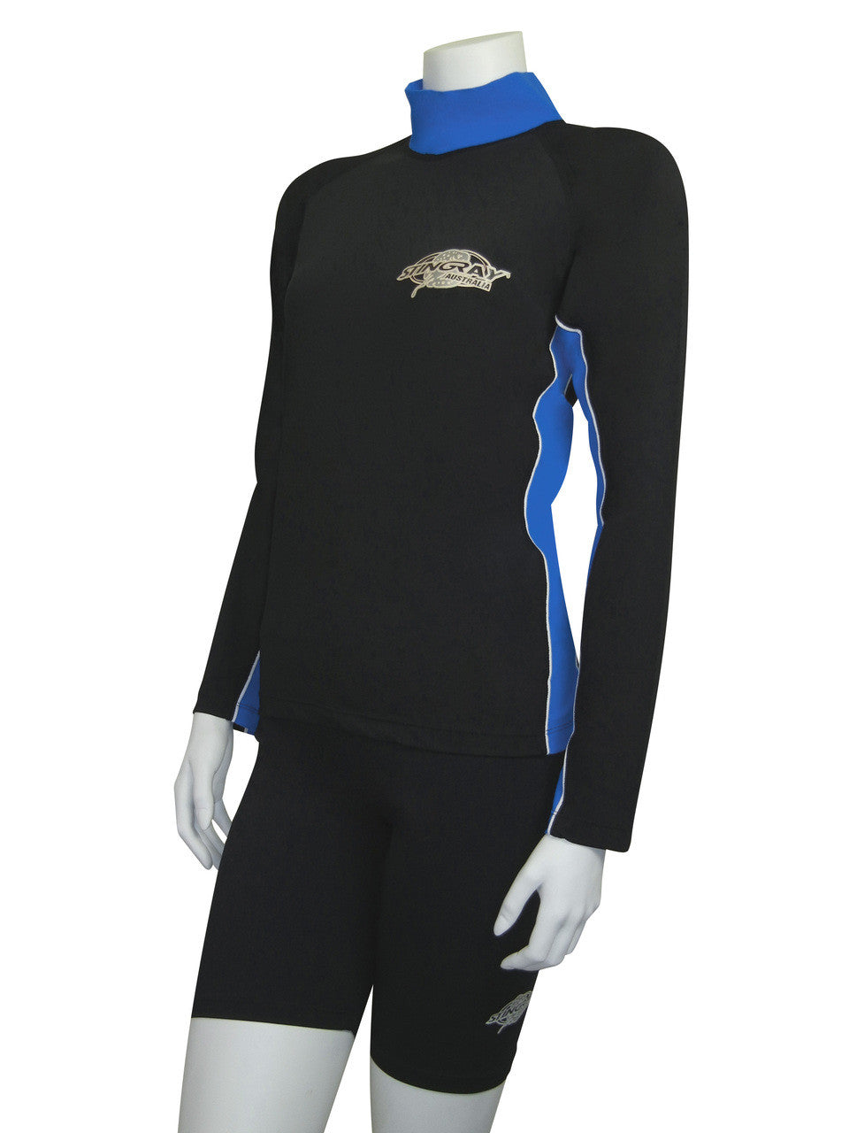 Stingray Black Ocean Blue Long Sleeve Rash Shirt offering UPF 50+ sun protection, blocking over 97.5% of harmful UV rays, made from chlorine-resistant fabric.