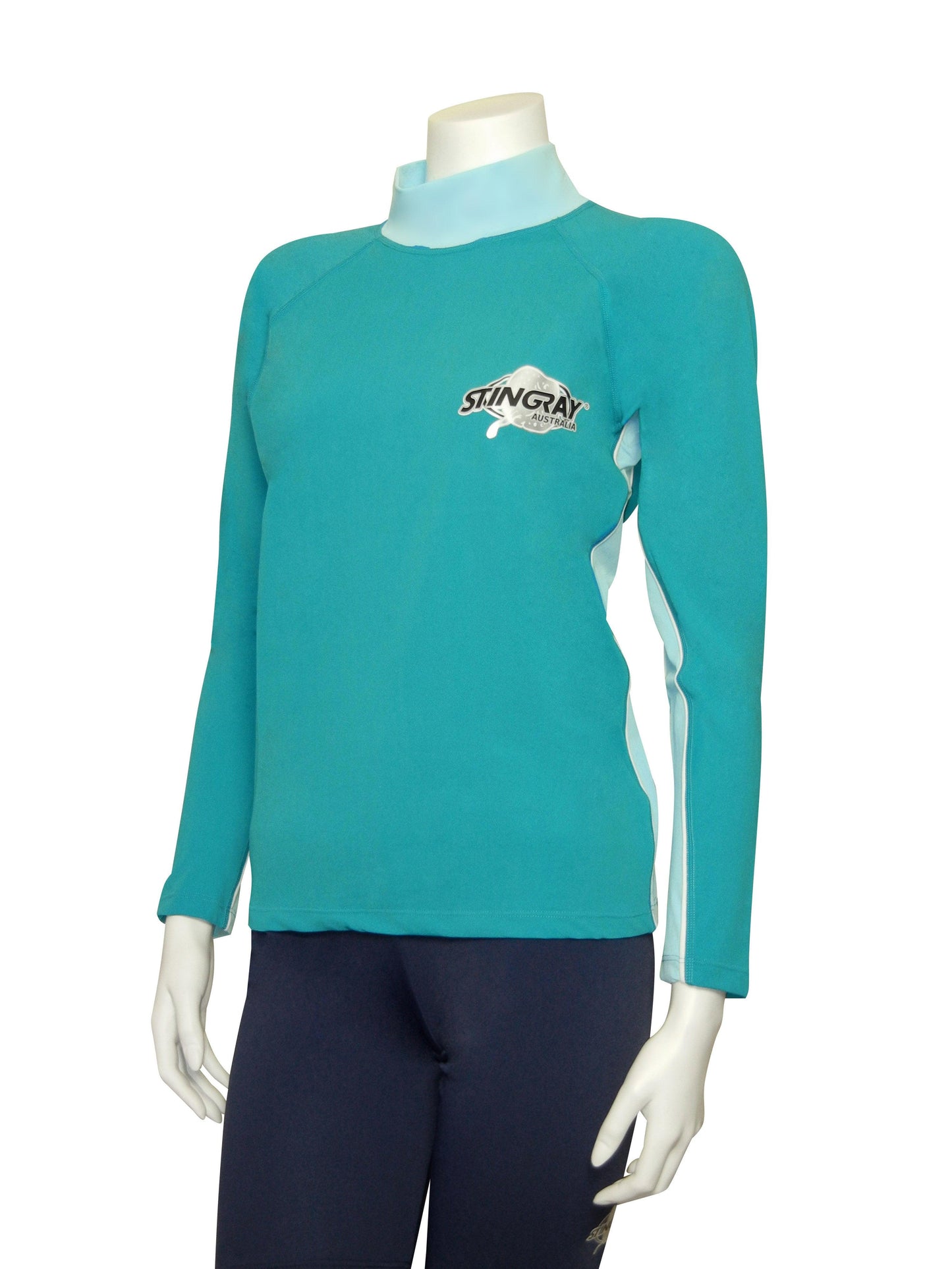 Stingray topaz blue Long Sleeve Rash Shirt offering UPF 50+ sun protection, blocking over 97.5% of harmful UV rays, made from chlorine-resistant fabric.