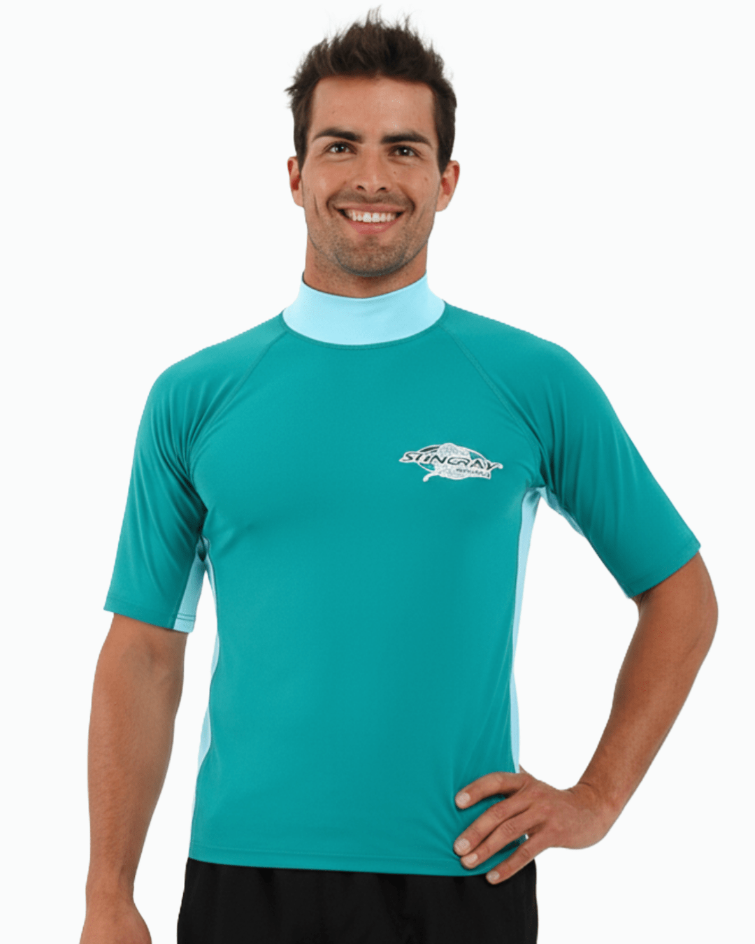 Man wearing topaz and jade Stingray adult short sleeve rash shirt with UPF 50+ sun protection, made from chlorine-resistant fabric for outdoor and water activities.