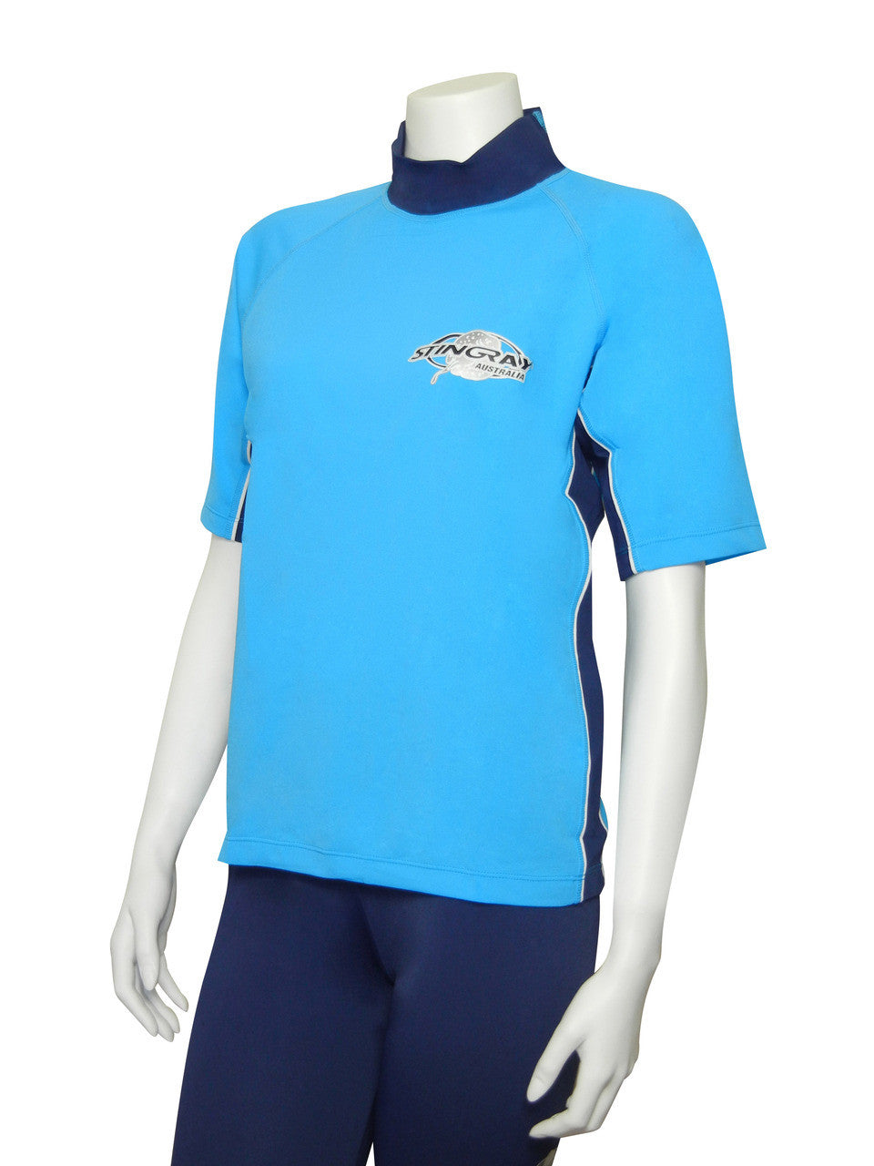 Azure and navy Stingray adult unisex short sleeve rash shirt with UPF 50+ sun protection, made from chlorine-resistant, soft, and durable fabric for outdoor and water activities.