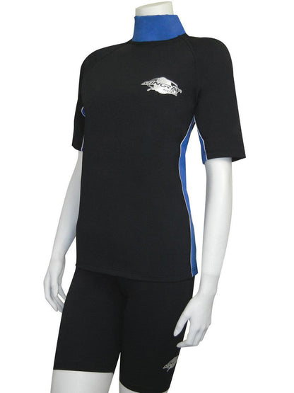 Black and ocean blue Stingray adult unisex short sleeve rash shirt with UPF 50+ sun protection, made from chlorine-resistant, soft, and durable fabric for outdoor and water activities.