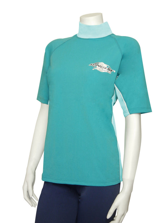 Topaz and aqua Stingray adult unisex short sleeve rash shirt with UPF 50+ sun protection, made from chlorine-resistant, soft, and durable fabric for outdoor and water activities.