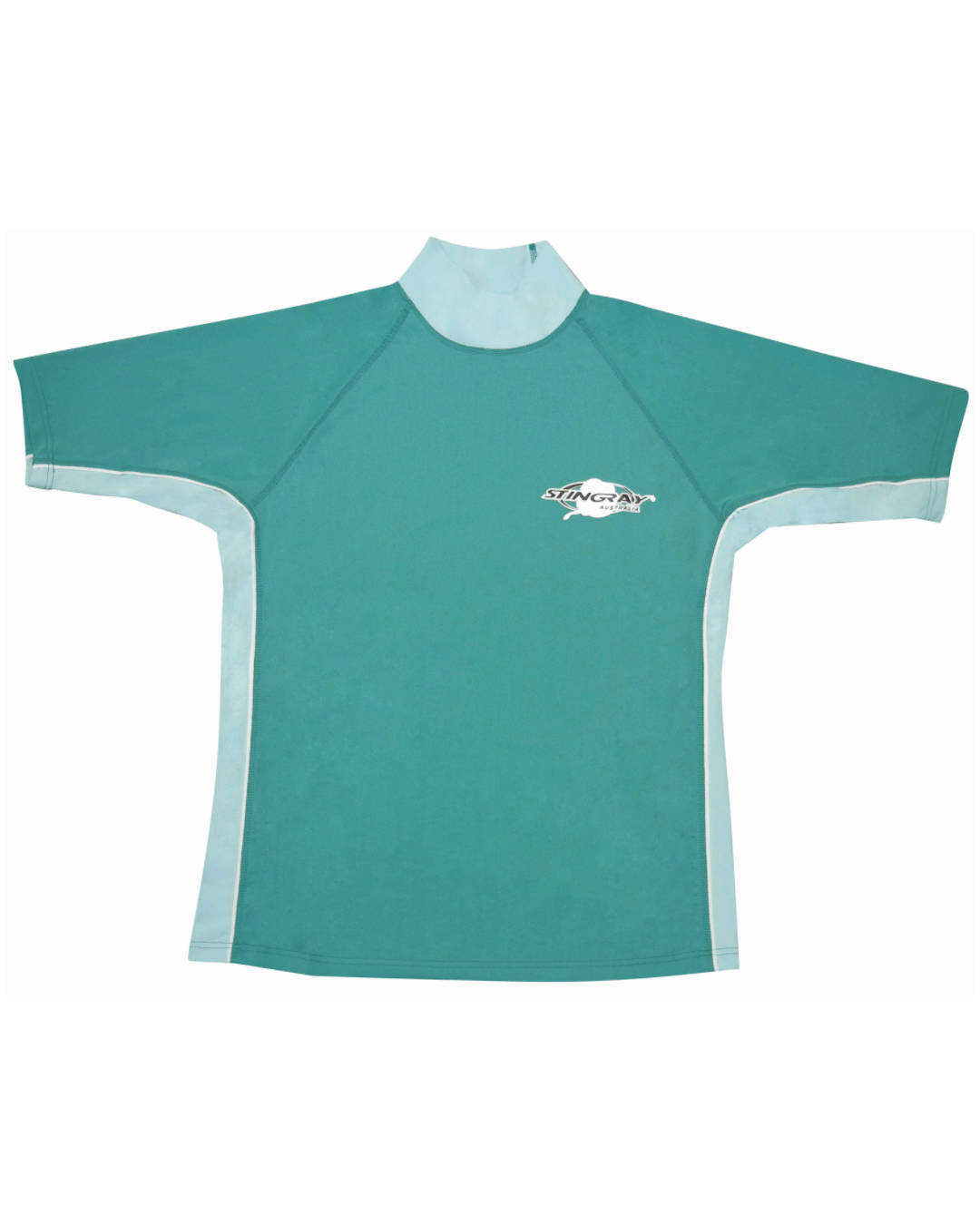 Teal UPF 50+ rash shirt flat lay