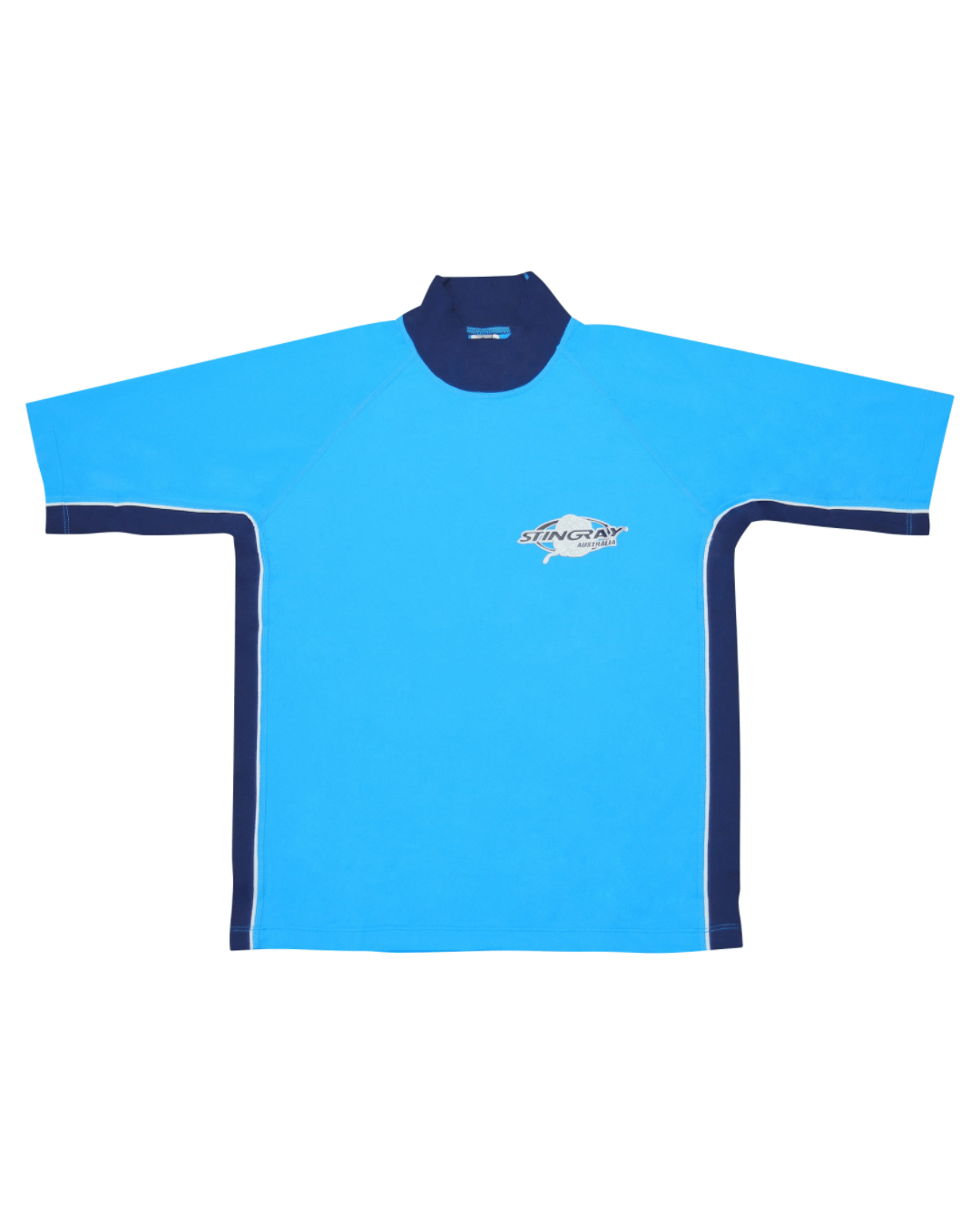 Azure and navy UPF 50+ rash shirt flat lay