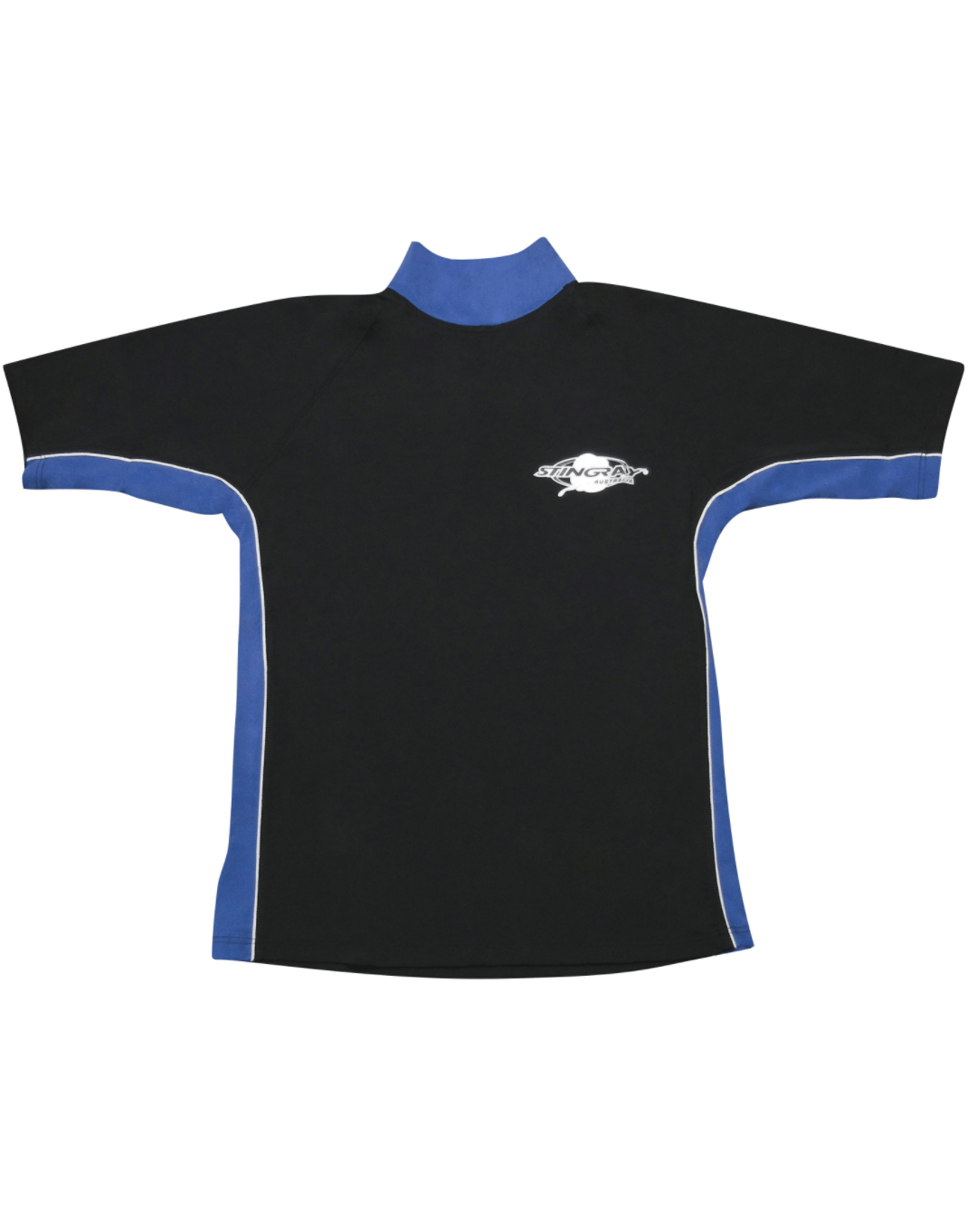 Black and blue UPF 50+ rash shirt flat lay