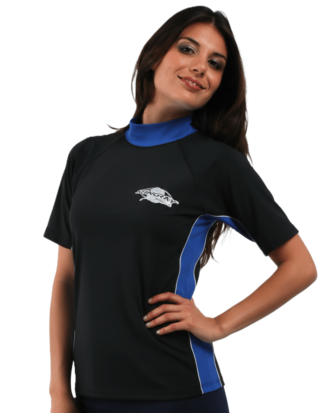 Woman wearing black and blue Stingray adult short sleeve rash shirt with UPF 50+ sun protection, made from chlorine-resistant fabric for outdoor and water activities.