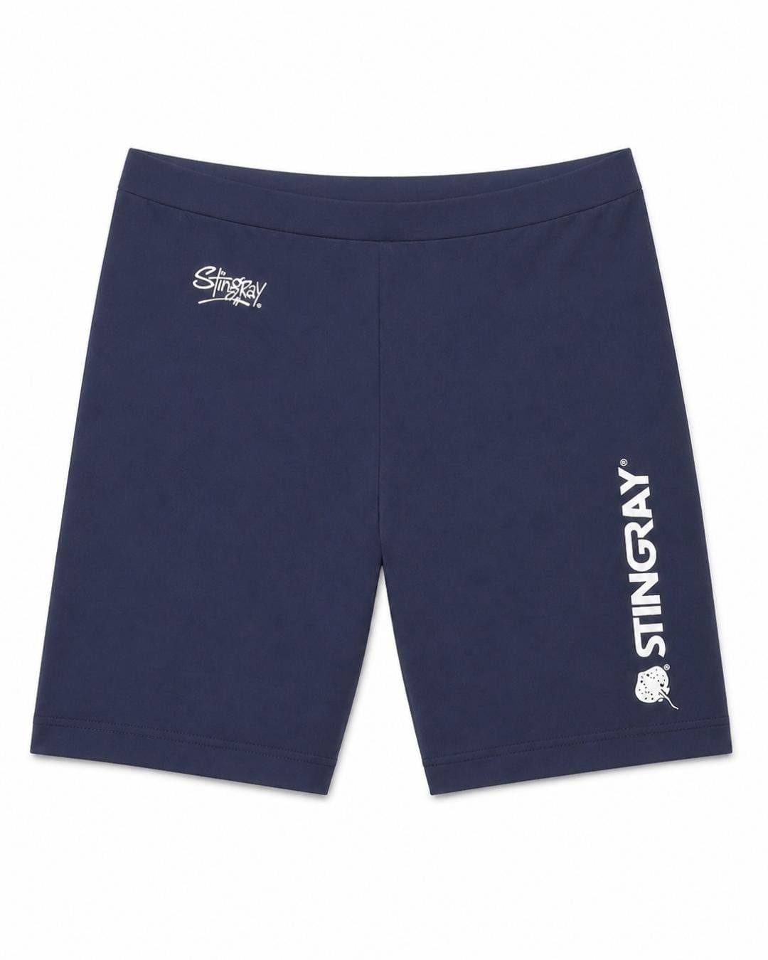 Flat lay of navy sun protection swim/cycle shorts for women