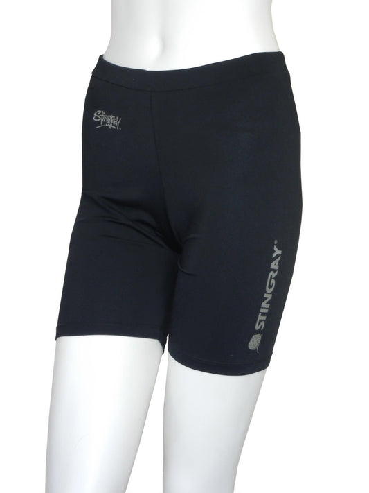 Black Stingray Women's Swim Shorts with drawstring, inside pocket, and elastic waist, offering UPF 50+ sun protection.