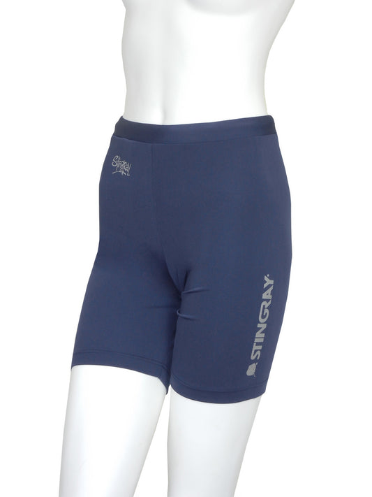 Navy Stingray Women's Swim Shorts with drawstring, inside pocket, and elastic waist, offering UPF 50+ sun protection.