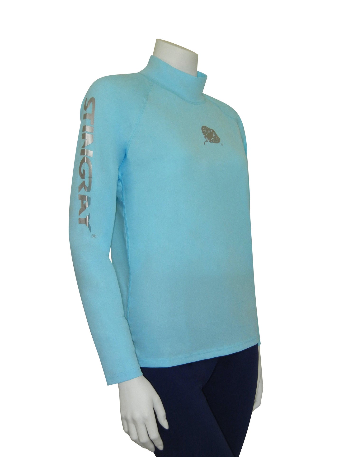 Stingray aqua unisex long sleeve rash shirt with UPF 50+ sun protection, made from chlorine-resistant Italian fabric for swimming and outdoor activities.