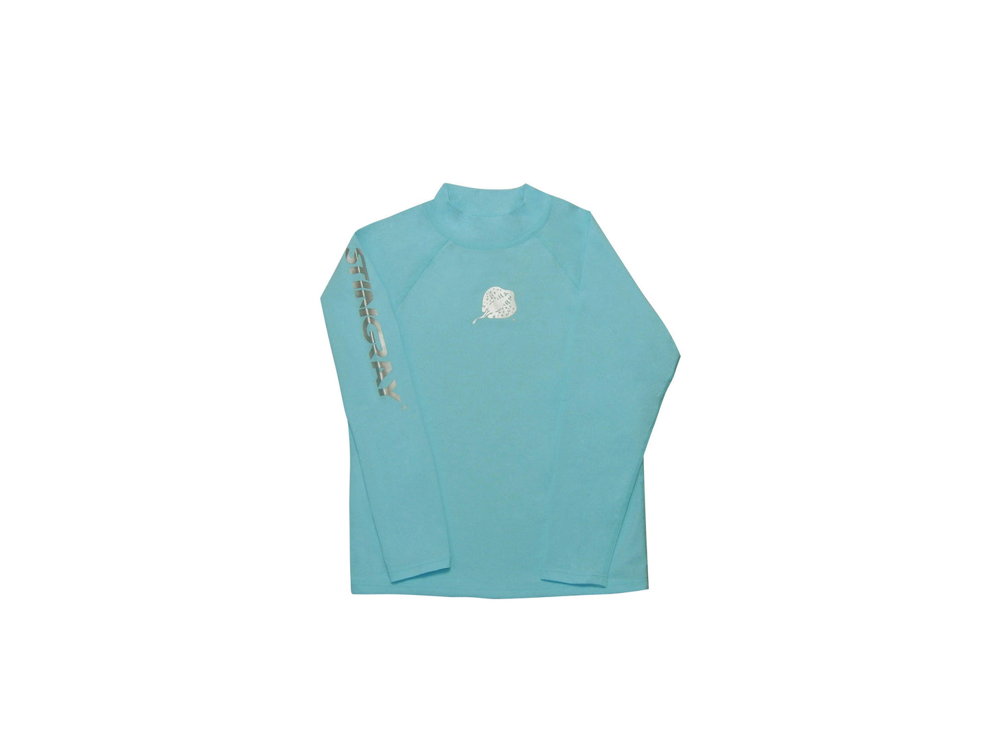 Front-view Stingray aqua unisex long sleeve rash shirt with UPF 50+ sun protection, made from chlorine-resistant Italian fabric for swimming and outdoor activities.