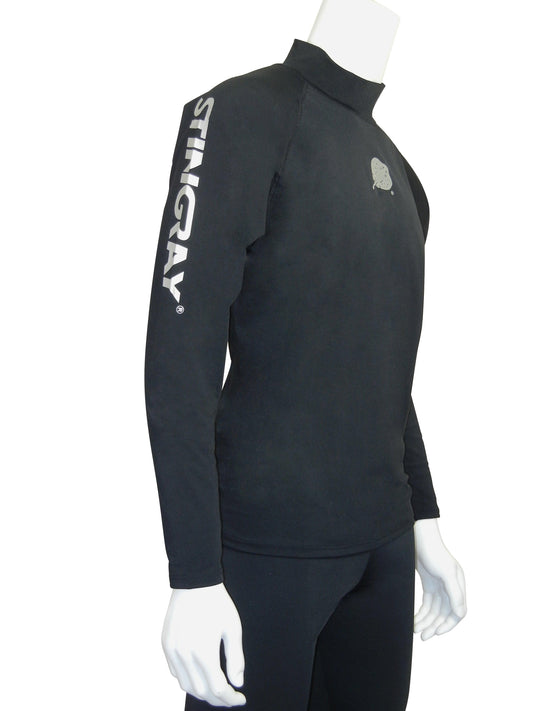 Stingray black unisex long sleeve rash shirt with UPF 50+ sun protection, made from chlorine-resistant Italian fabric for swimming and outdoor activities.