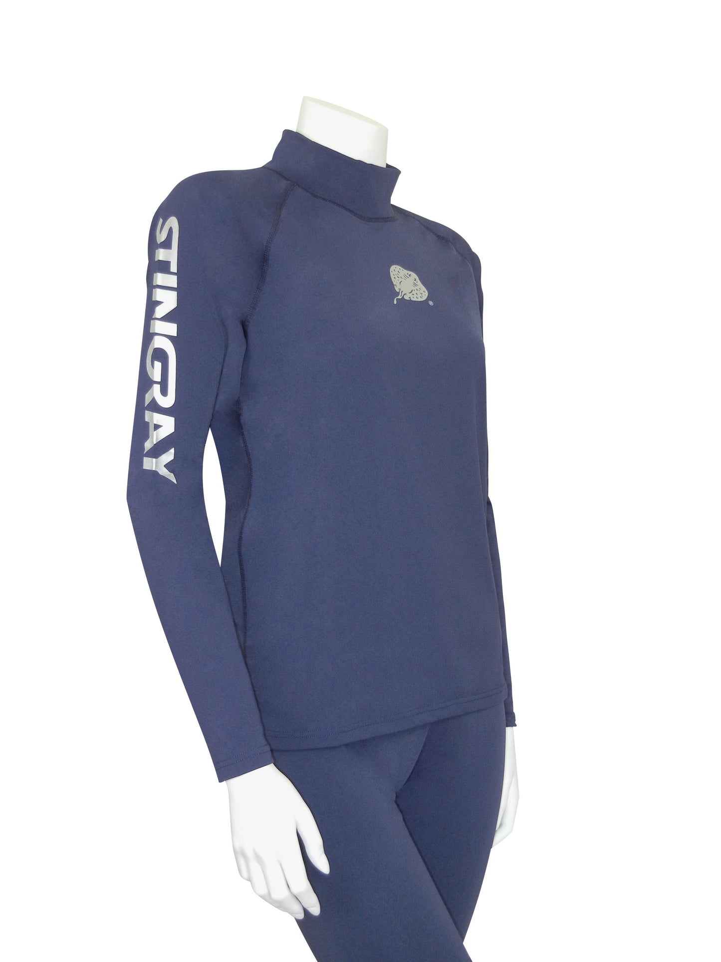 Stingray navy unisex long sleeve rash shirt with UPF 50+ sun protection, made from chlorine-resistant Italian fabric for swimming and outdoor activities.