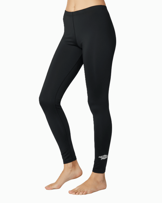Black upf leggings worn by a woman on a white background