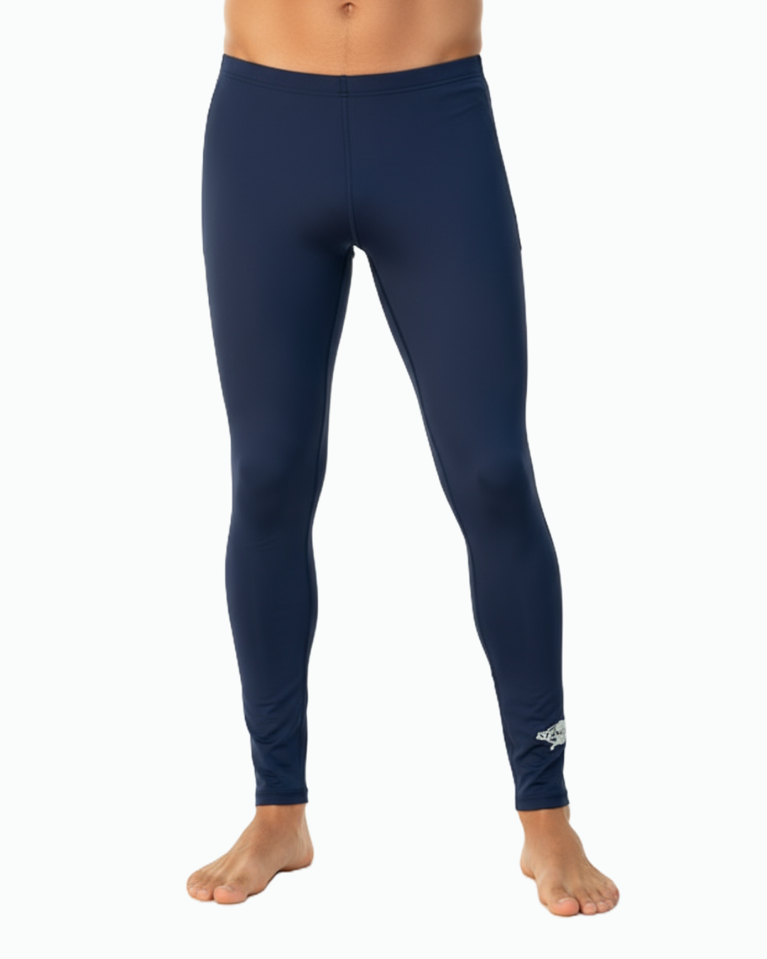 Navy blue upf leggings worn by a man on a white background