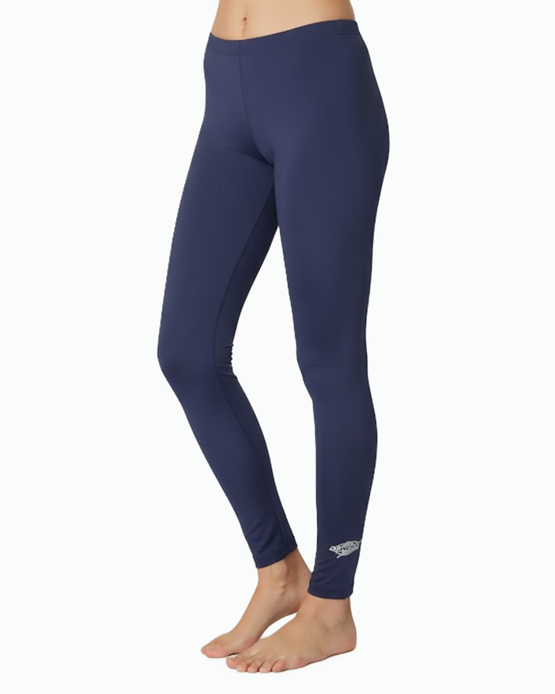 Navy blue upf leggings with a Stingray logo on a white background