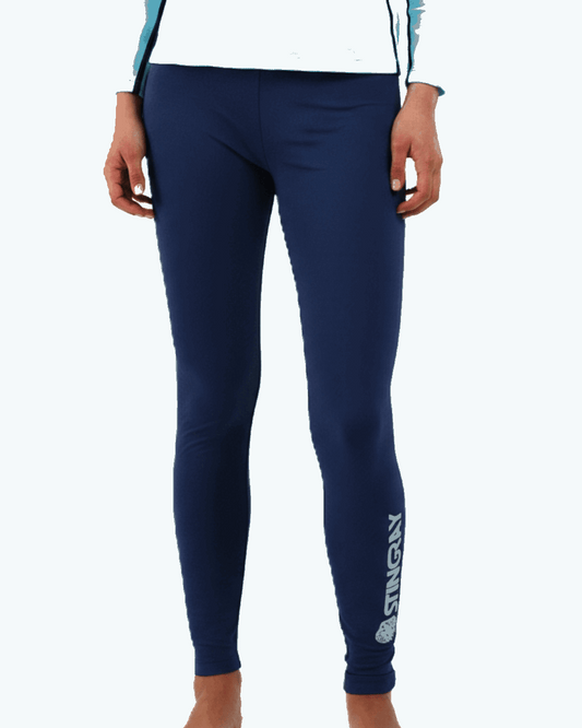 Woman wearing navy Stingray women's upf swim leggings with drawstring and inside pocket.