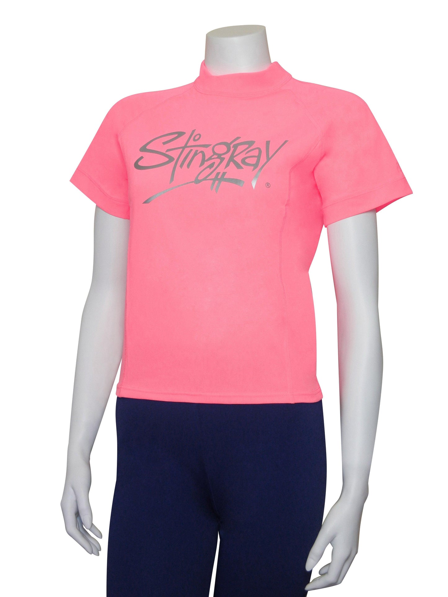 Best pink Stingray Women's Short Sleeve Rash Shirt offering UPF 50+ sun protection, designed with breathable, chlorine-resistant fabric.