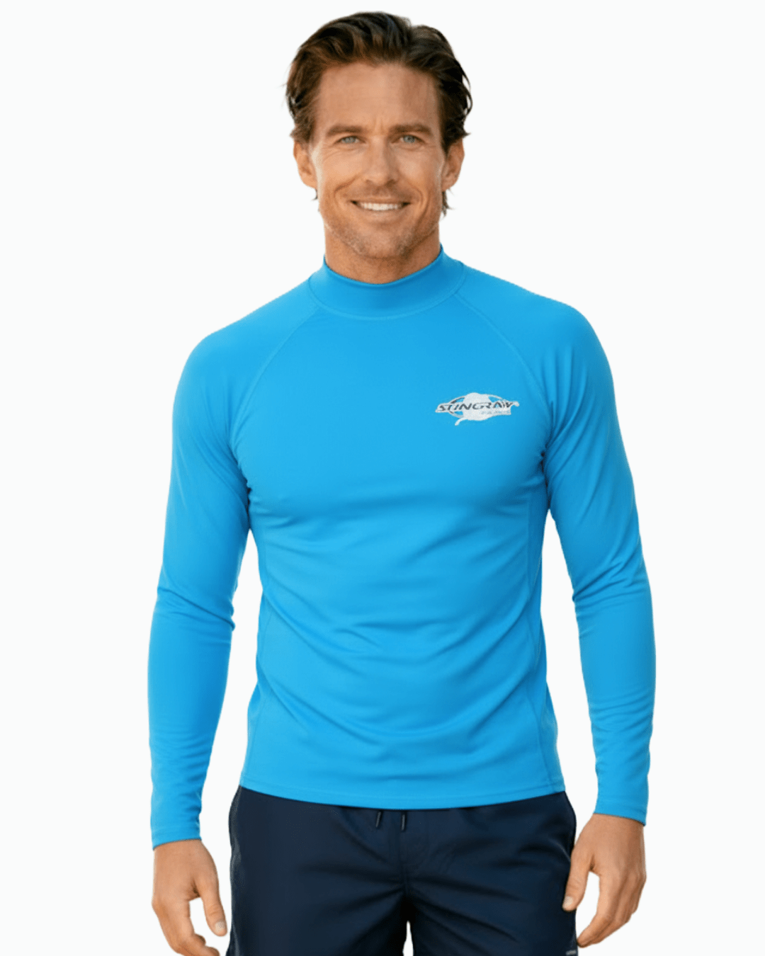 Stingray azure unisex long sleeve rash shirt with UPF 50+ sun protection.