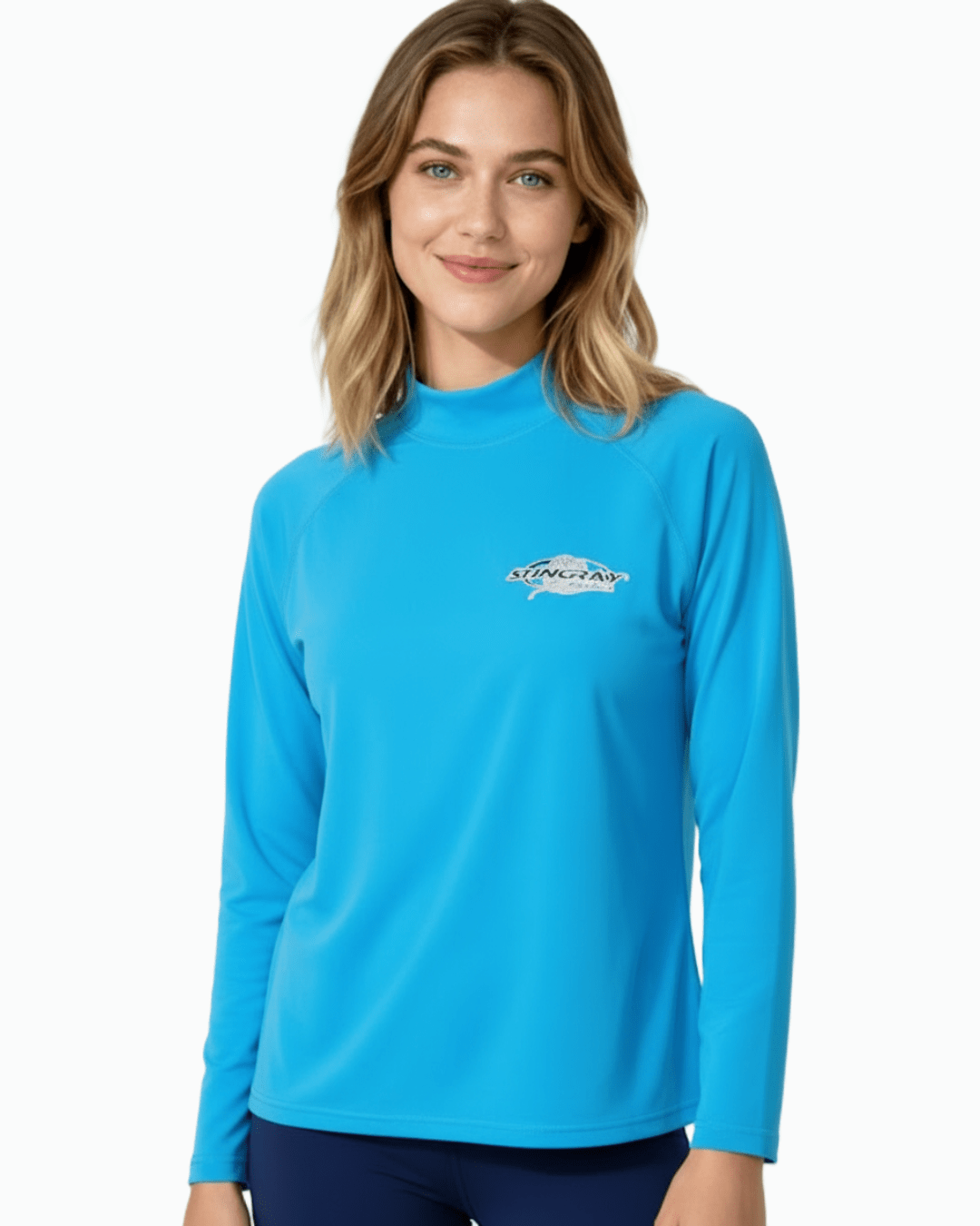 Stingray azure unisex long sleeve rash shirt with UPF 50+ sun protection.
