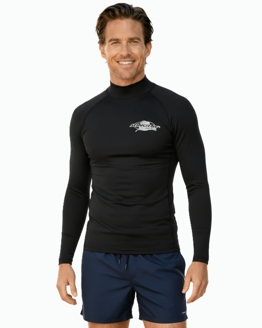 Man wearing Stingray black unisex long sleeve rash shirt with UPF 50+ sun protection.
